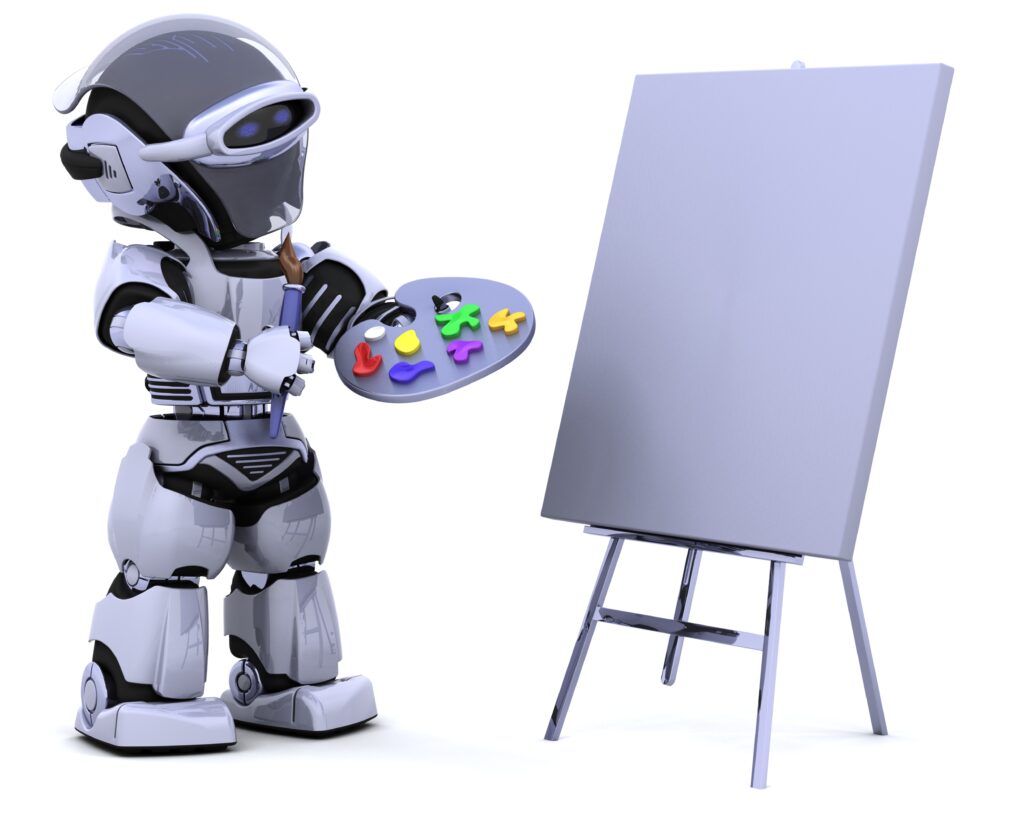 Humanoid robot holding a paintbrush and palette, standing in front of a blank canvas, symbolizing AI creativity — writeondesk.com