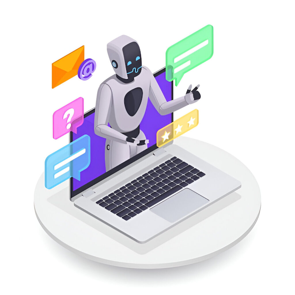 Robot chatbot emerging from a laptop screen with message icons and star ratings, representing AI-powered digital communication — writeondesk.com"